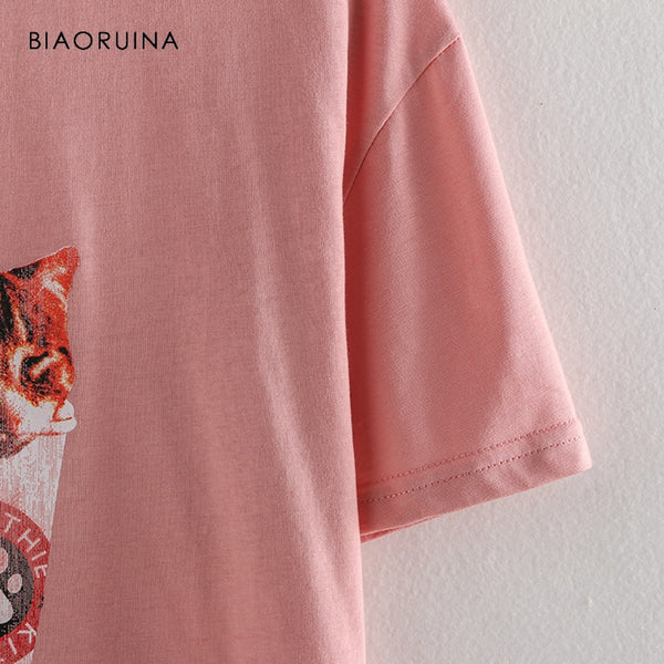 BIAORUINA Women Casual Cat Printed T-shirt Short Sleeve O-neck Female All-match Loose Tees Tops Women's Summer Sweet T-shirts