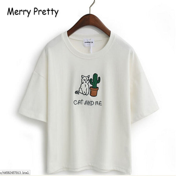 Merry Pretty Harajuku t shirt women Korean style t-shirt tee kawaii cat embroidery cotton tops shirt camiseta feminina Drop Ship