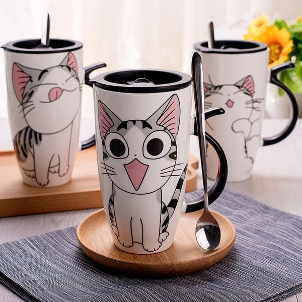 600ml Creative Cat Ceramic Mug With Lid and Spoon Cartoon Milk Coffee Tea Cup Porcelain Mugs Nice Gifts