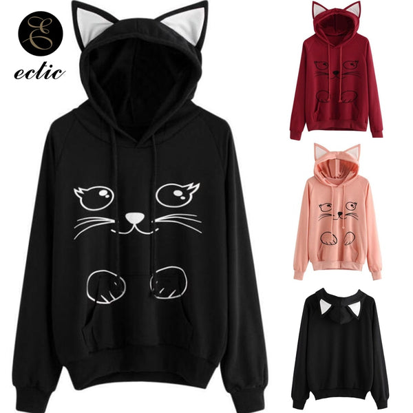 Winter Pullover Sweatshirts Women Cat Kawaii Poleron Mujer 2019 Kangaroo Pocket Hoodie School Korean Streetwear Oversized Hoodie