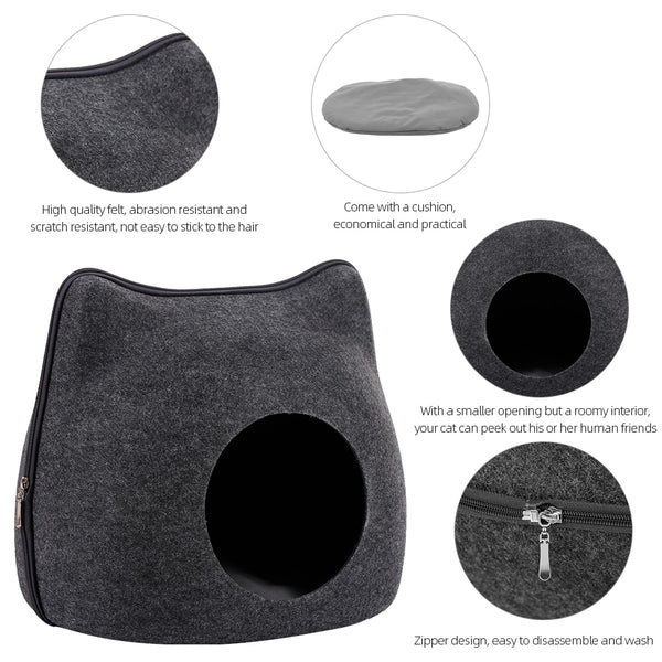 Portable Gray Cute Cat Shape Pet Bed Cat Cave Sleeping Bag Zipper Egg Shape Felt Cloth Pet House Nest Cat Basket with Cushion