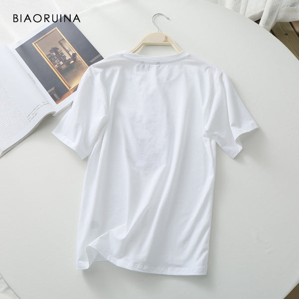 BIAORUINA Women Casual Cat Embroidery White T-shirt Short Sleeve Female Cotton All-match Sweet Tees Sweet Summer Tops