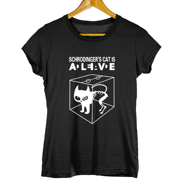 Schrodinger's Cat T shirt Black Cool Fashion Design Female Tops Cute Kawaii Pattern 100% Cotton T-shirt
