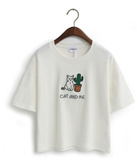 Merry Pretty Harajuku t shirt women Korean style t-shirt tee kawaii cat embroidery cotton tops shirt camiseta feminina Drop Ship