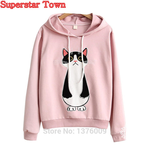 Winter Pullover Sweatshirts Women Cat Kawaii Poleron Mujer 2019 Kangaroo  Pocket Hoodie School Korean Streetwear Oversized Hoodie