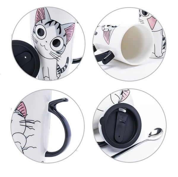 600ml Creative Cat Ceramic Mug With Lid and Spoon Cartoon Milk Coffee Tea Cup Porcelain Mugs Nice Gifts