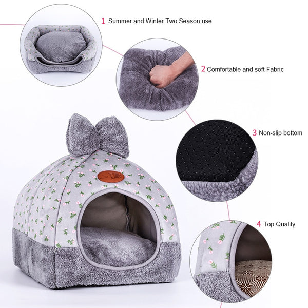 Brand New Cat Warm Cave Lovely Bow Design Puppy Winter Bed House Kennel Fleece Soft Nest For Small Medium Dog House for cat