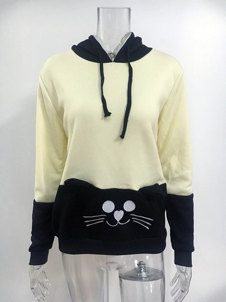 Cartoon Cat Applique Lovely Hoodies Harajuku Women Autumn Winter Warm Patchwork Drawstring Sweatshirt Poleron Mujer Ey*