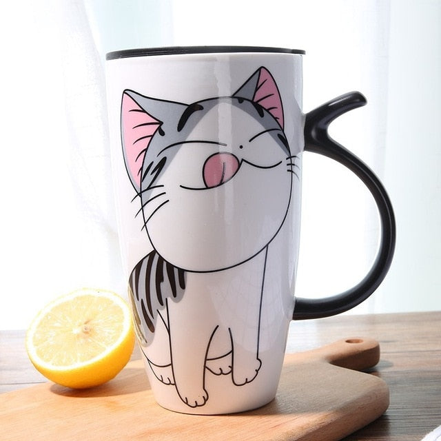 600ml Cute Cat Ceramics Coffee Mug With Lid Large Capacity Animal Mugs creative Drinkware Coffee Tea Cups Novelty Gifts milk cup