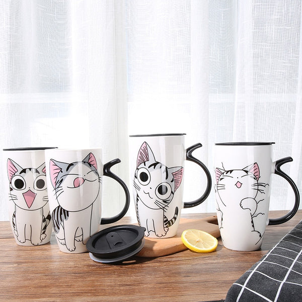 Hot sale 600ml Cartoon creative cat mug With Lid milk coffee mug for tea Porcelain travel Cup Large Capacity ceramic Nice Gifts