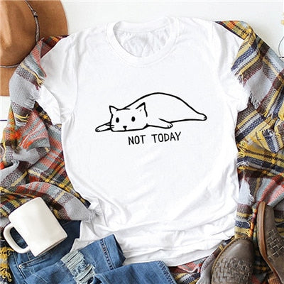 Funny Women T-shirt Not Today Cartoon Cat Letters Print Slogan tshirts Cotton Round Neck Short Sleeve Casual Plus Size Tops 2019