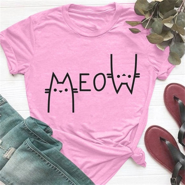 Cute T Shirt Women 2019 100% Cotton Print Meow cat  O-neck Casual tshirt Fashion Shirt Short-Sleeve Unisex T-shirt 4 colours