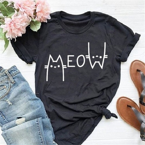 Cute T Shirt Women 2019 100% Cotton Print Meow cat  O-neck Casual tshirt Fashion Shirt Short-Sleeve Unisex T-shirt 4 colours