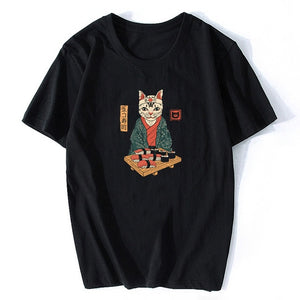 Funny Cute Japan Sushi Cat Graphic Tees Women Tshirt Print Kawaii Black T Shirt Women Top Femme Ulzzang Cartoon Camisetas Mujer