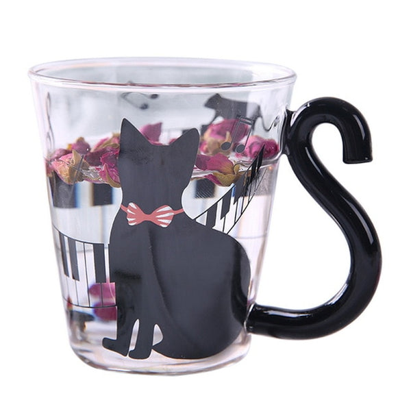IVYSHION New 300ML Cute Glass Mug With Musical Note Cats Lovely Handle Milk Coffe Mug Kitchen Water Bottle Kettle Love Couples
