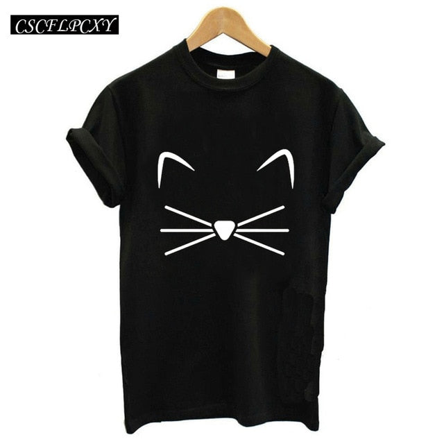 Harajuku Black T Shirt Women Tops Punk Cartoon Cat Face Letter Print Tee Shirt Femme T-shirt Casual Tee Shirt O-neck Rock Tops