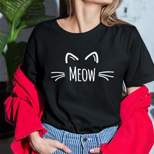 Meow T Shirt Cat Cute Face Print Women Tee 100% Cotton High Quality Girls Kawaii Animal Cats T-shirt