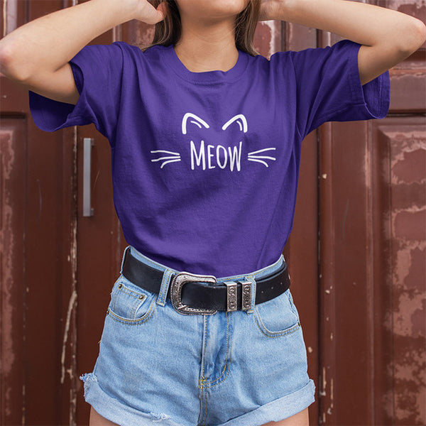 Meow T Shirt Cat Cute Face Print Women Tee 100% Cotton High Quality Girls Kawaii Animal Cats T-shirt