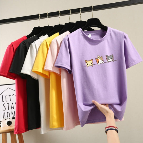 Milinsus 2019 New Cartoon Korean women t-shirt Fashion Print Cats T Shirt  Womens Short Sleeve Female tops tshirts Casual  tees