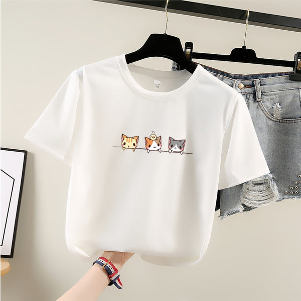 Milinsus 2019 New Cartoon Korean women t-shirt Fashion Print Cats T Shirt  Womens Short Sleeve Female tops tshirts Casual  tees