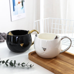 Cute Cat Coffee Mug with 3D Ears and Gold Silver Handle Ceramic Tea Water Cup Gift for Women Girls White Black 500ml