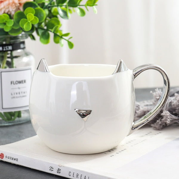 Cute Cat Coffee Mug with 3D Ears and Gold Silver Handle Ceramic Tea Water Cup Gift for Women Girls White Black 500ml